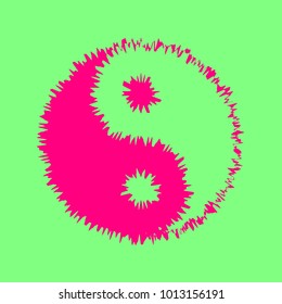 Yin Yang symbol. Vector. Magenta rough icon on greenish background. Isolated.