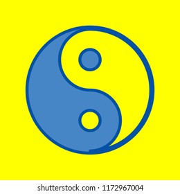 Yin Yang symbol. Vector. Office style blue icon at yellow background.
