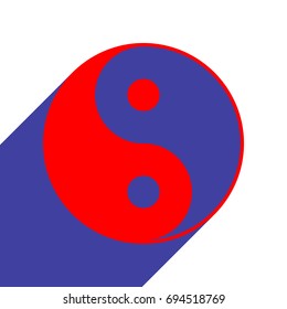 Yin Yang symbol. Vector. Red flat style icon with dark blue long shadow on white background.