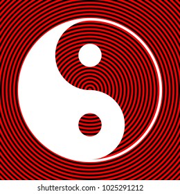 Yin Yang symbol. Vector. White icon on red and black radial pattern as background. Isolated.