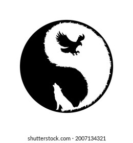 Yin Yang Symbol, Wild Life, Eagle and Wolf, Vector Art Illustration