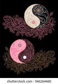 Yin yang symbols as an allegory of opposites and philosophy of life on a black background