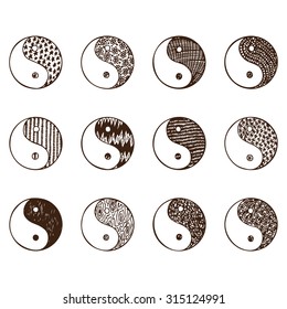 Yin yang symbols - hand drawn doodle set