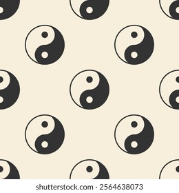 Yin yang symbols. Vector seamless pattern in black and pastel beige colors.