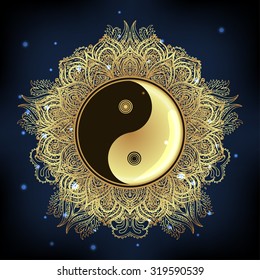 Yin and yang Tao mandala symbol. Round Ornament Pattern. Vector isolated illustration. Paisley background. Vintage decorative oriental symbol of harmony, balance. Tattoo, yoga, spirituality, textiles