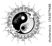 Yin yang tattoo art style illustration. Bohemian abstract background. Symbol of oppossites: day and night, sun and moon.