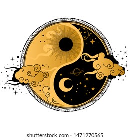 Yin yang tattoo art style. Bohemian logo, badge, sign with sun,moon and clouds.