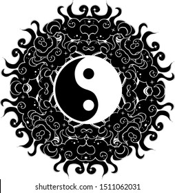 Yin yang tattoo art style. Bohemian abstract . Symbol of oppossites: day and night, sun and moon.