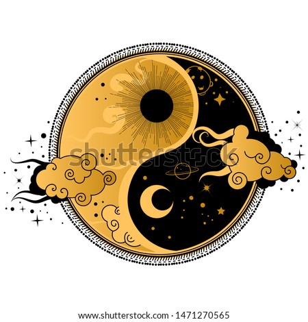 Yin yang tattoo art style. Bohemian logo, badge, sign with sun,moon and clouds.