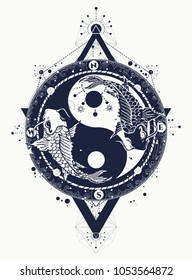 Yin and Yang tattoo art vector, two japanese carp, meditation symbol, philosophy, harmony 