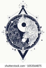 Yin and Yang tattoo art vector.  Black and white roses, boho style, meditation symbol, philosophy, harmony 