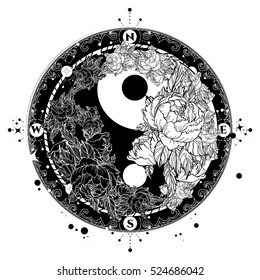 Yin and Yang tattoo art vector. Black and white roses, boho style, meditation symbol, philosophy, harmony 