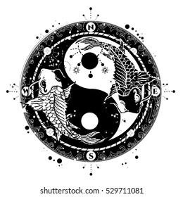 Yin and Yang tattoo art vector, two japanese carp boho style, meditation symbol, philosophy, harmony. Yin and Yang t-shirt design 