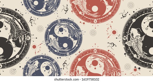 Yin and Yang, two japanese carp, seamless pattern. Packing old paper, scrapbooking style. Vintage background. Medieval manuscript, engraving art. Meditation symbol, philosophy and harmony 