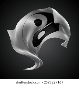 yin, yang, vector 3d flag with waves on a black background