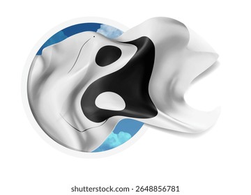 yin, yang, vetor 3d bandeira contra um céu azul, através de um buraco redondo em um fundo branco