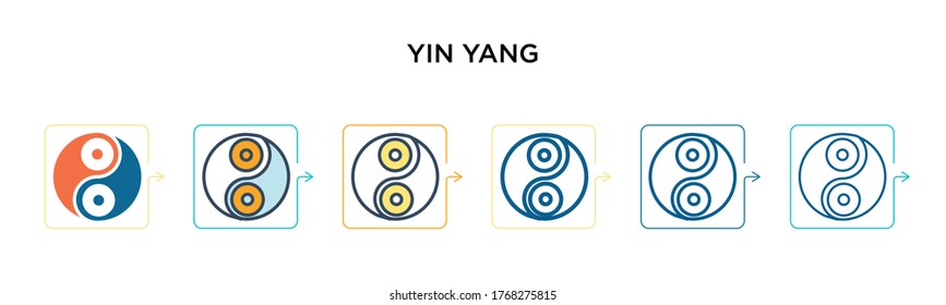 Yin yang vector icon in 6 different modern styles. Black, two colored yin yang icons designed in filled, outline, line and stroke style. Vector illustration can be used for web, mobile, ui