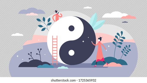 Yin and yang vector illustration. Balance symbol flat tiny persons concept. Chinese opposite forces harmony sign as traditional dualism philosophy. Spiritual peace scene with black and white circle.