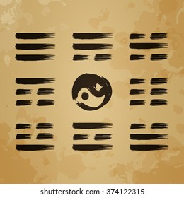 Yin Yang vector set of icons (paper texture). Guessing on the Book of Changes. The image can be used to print maps, posters, as a background, advertising, logos, yoga studios