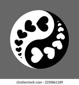 Yin Yang vector symbol with hearts without border.