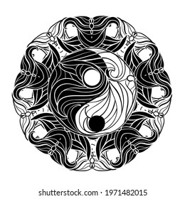 Yin yang wavy sign tattoo art style. Symbol of oppossites: day and night, sun and moon.