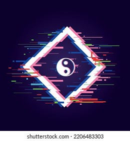 Yin yang web page. Glitch effect banner. Square dynamic frame design with yin yang sign