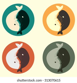 Yin and yang whale vector set in colours