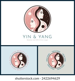 Yin and Yang woman face beauty aesthetics luxury salon spa logo template design for brand or company