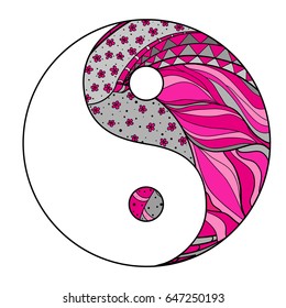 Yin and Yang. Zen art. Zentangle. Hand drawn mandala on isolation background. Design for spiritual relaxation for adults. Line art creation.