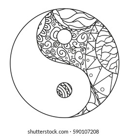 Yin and Yang. Zentangle. Hand drawn mandala on isolation background. Design for spiritual relaxation for adults. Line art creation. Black and white illustration for coloring.