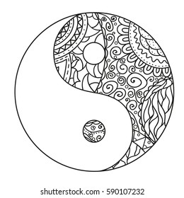 Yin and Yang. Zentangle. Hand drawn mandala on isolation background. Design for spiritual relaxation for adults. Line art creation. Black and white illustration for coloring.