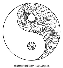 Yin and Yang. Zentangle. Hand drawn mandala on isolation background. Design for spiritual relaxation for adults. Line art creation. Black and white illustration for coloring.
