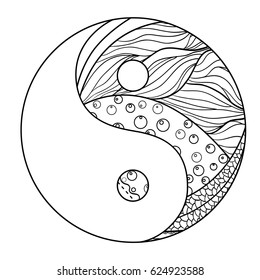 Yin and Yang. Zentangle. Hand drawn mandala on isolation background. Design for spiritual relaxation for adults. Line art creation. Black and white illustration for coloring. Zen art