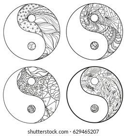 Yin and Yang. Zentangle. Hand drawn mandala on isolation background. Design for spiritual relaxation for adults. Line art creation. Black and white illustration for coloring. Zen art. Set