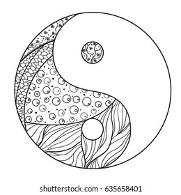 Yin and Yang. Zentangle. Hand drawn mandala on isolation background. Design for spiritual relaxation for adults. Line art creation. Black and white illustration for coloring. Zen art