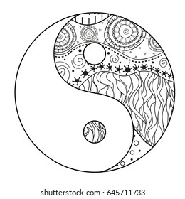 Yin and Yang. Zentangle. Hand drawn mandala on isolation background. Design for spiritual relaxation for adults. Line art creation. Black and white illustration for coloring. Zen art