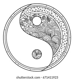 Yin and Yang. Zentangle. Hand drawn mandala on isolation background. Design for spiritual relaxation for adults. Line art creation. Black and white illustration for coloring. Zen art