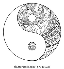 Yin and Yang. Zentangle. Hand drawn mandala on isolation background. Design for spiritual relaxation for adults. Line art creation. Black and white illustration for coloring. Zen art