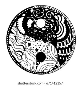 Yin and Yang. Zentangle. Hand drawn mandala on isolation background. Design for spiritual relaxation for adults. Line art creation. Black and white illustration for coloring. Zen art