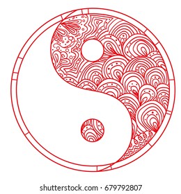 Yin and Yang. Zentangle. Hand drawn mandala on isolation background. Design for spiritual relaxation for adults. Line art creation. Zen art. Decorative style.