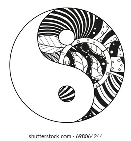Yin and Yang. Zentangle. Hand drawn mandala on isolation background. Design for spiritual relaxation for adults. Line art. Black and white illustration for coloring. Zen art. Print for t-shirts