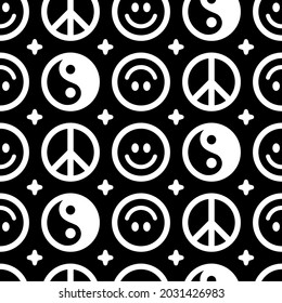 Yin Yang,peace hippie sign,smile face seamless pattern.Vector hand drawn smiley cartoon character illustration.Yin Yang,ying,smile face,acid,love hippie peace symbol seamless pattern wallpaper print
