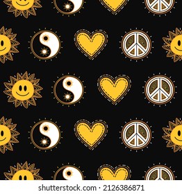 Yin Yang,peace hippie sign,sun seamless pattern.Vector hand drawn cartoon character illustration.Yin Yang,smile face sun,heart,love hippie peace symbol,boho,60s,70s seamless pattern wallpaper print
