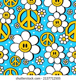 Yin Yang,peace hippie symbol in flower seamless pattern. Vector hand drawn trendy cartoon logo illustration.Hippie Yin Yang,60s,70s,groovy.trippie fashion print seamless pattern concept