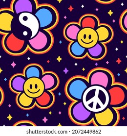 Yin Yang,smile face,peace hippie symbol,flower seamless pattern.Vector hand drawn trendy cartoon logo illustration.Hippie Yin Yang,60s,70s,smiley,groovy.trippie fashion print seamless pattern concept