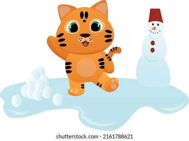 ying tiger, tiger cub with brown stripes, symbol of new 2022 year on white background. Vector illustration for postcard, banner, web, decor, design, arts, calendar.