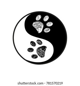 Ying yang made of paw print black white background