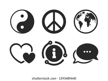 Ying yang sign. Chat, info sign. World globe icon. Hearts love sign. Peace hope. Harmony and balance symbol. Classic style speech bubble icon. Vector