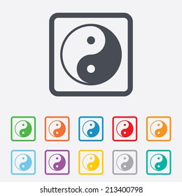 Ying yang sign icon. Harmony and balance symbol. Round squares buttons with frame. Vector