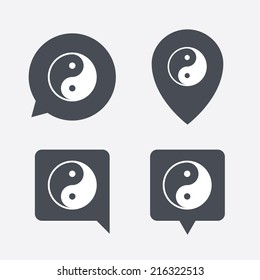 Ying yang sign icon. Harmony and balance symbol. Map pointers information buttons. Speech bubbles with icons. Vector